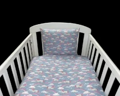 NM Junior sengelinned - denim enhjørning og regnbue